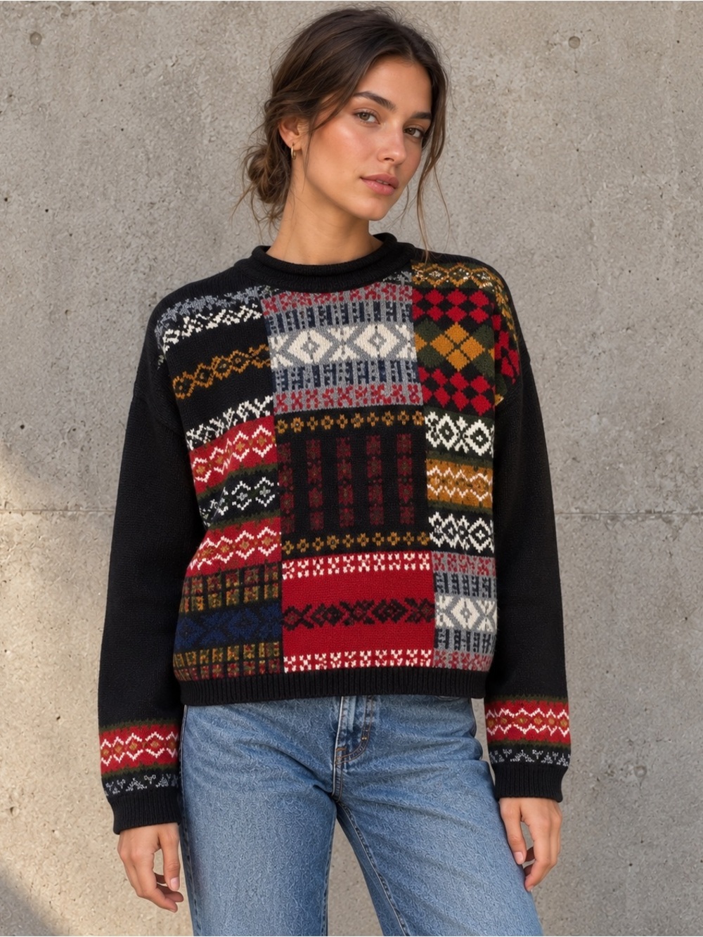 Vintage 90s Liz Sport Fair Isle Patchwork Sweater 100% Cotton Rare Knit Small